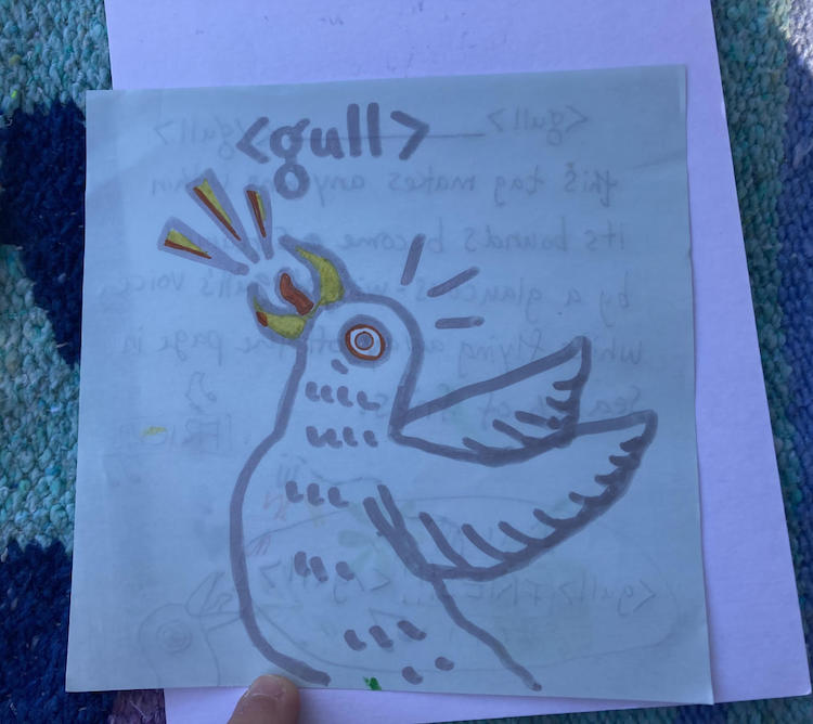 a sheet of origami paper illustrated with a screaming gull