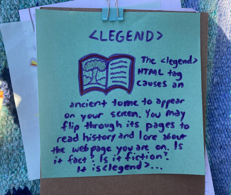 a sheet of origami paper illustrated with a book and text describing the legend element