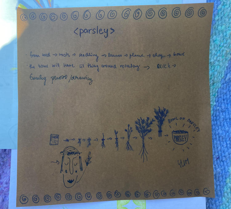 a sheet of origami paper illustrated with seeds of parsley growing into a face