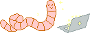 a worm taps their head on the keyboard of a laptop, clearly unfazed by their lack of arms & hands